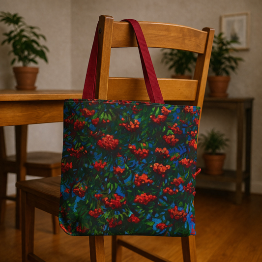 Stofftasche mit Blumen- und Beerenmuster – Vintage-Shopper mit botanischem Design in Rot und Blau