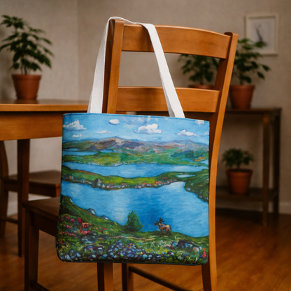 Stofftasche mit malerischer Seenlandschaft – Handbemalte Strandtasche mit Küstenkunst