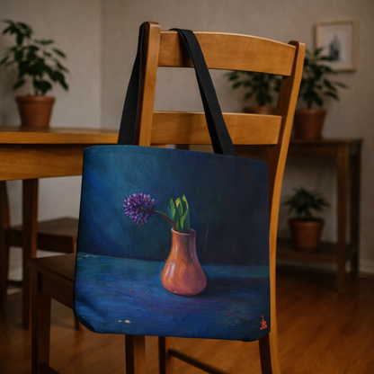 Florale Stillleben-Einkaufstasche – Malereische Vase & Lila Blüte AOP