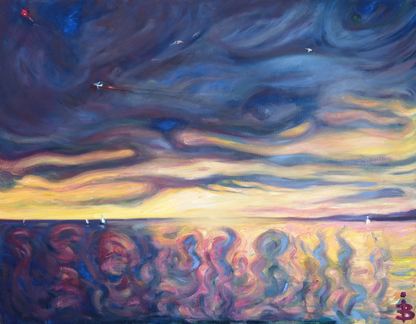 Leinwanddruck einer Meereslandschaft mit goldenem Sonnenuntergang – und dann ging etwas schief