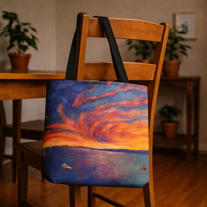 Sunset Swirl Tragetasche – Bunte Tragetasche mit Küstenmotiv und Allover-Print